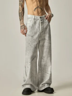 Front view of high-waisted marbled grey wide-leg jeans featuring a button waistband, classic front pockets, and relaxed Korean streetwear fit
