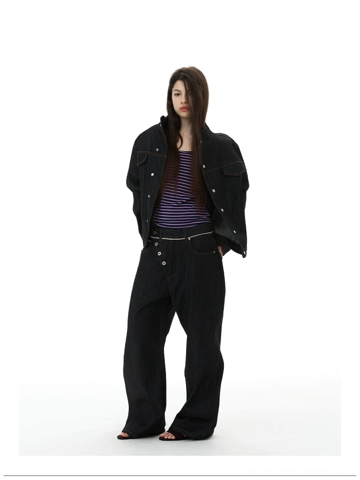 Matching black denim jacket and asymmetric wide-leg jeans set with oversized Korean streetwear proportions