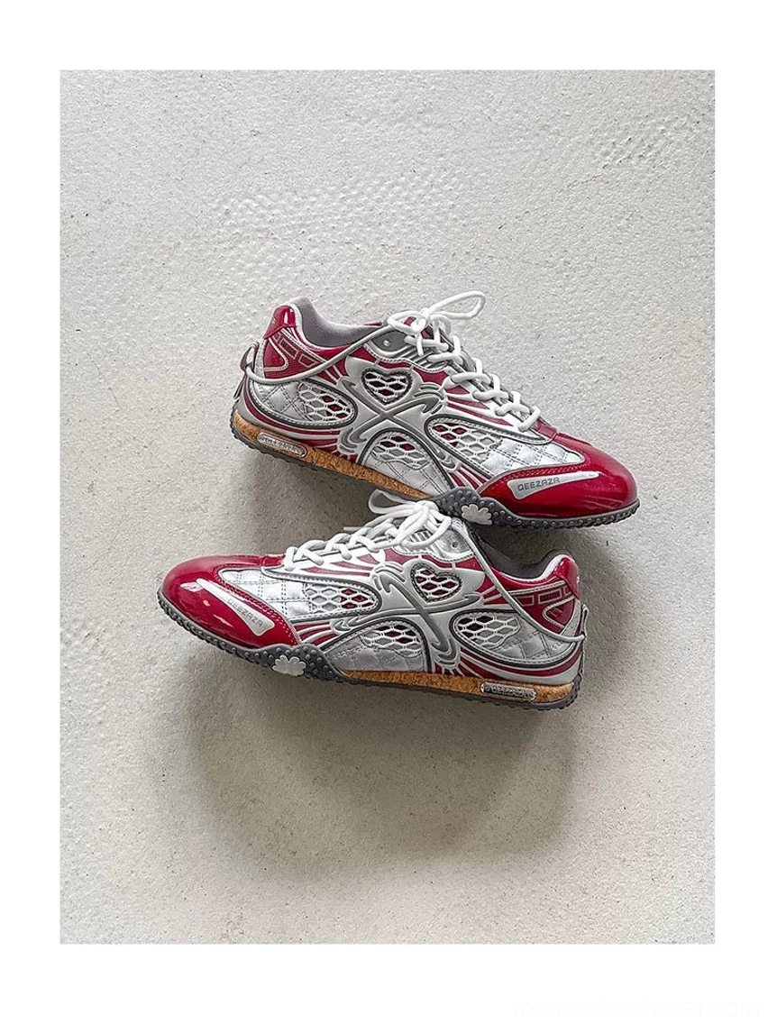 Top-down view of matching silver and burgundy heart mesh retro sneakers showing the low-profile racing silhouette, layered panels, exposed stitching, breathable mesh inserts, and everyday Korean streetwear design