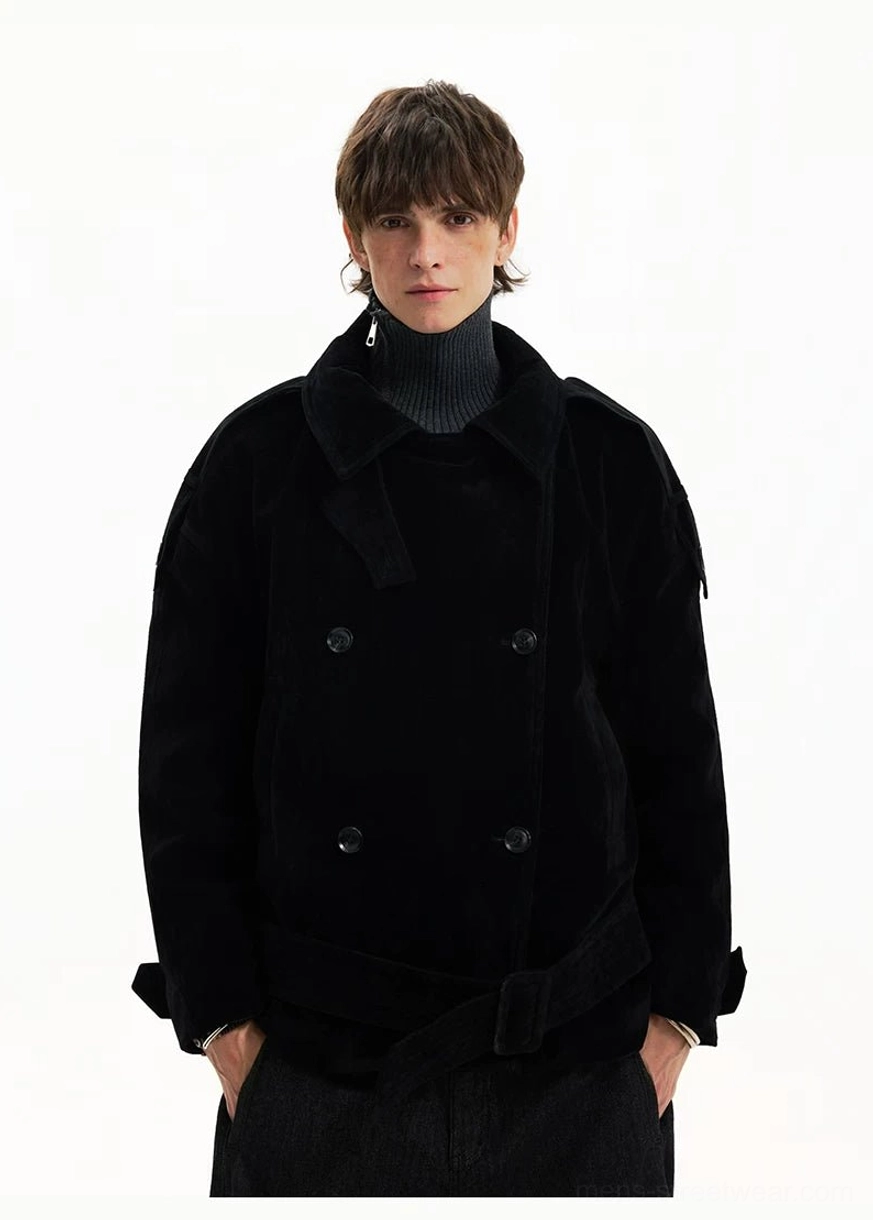 Matte black corduroy cropped trench coat layered over turtleneck in Seoul fashion styling