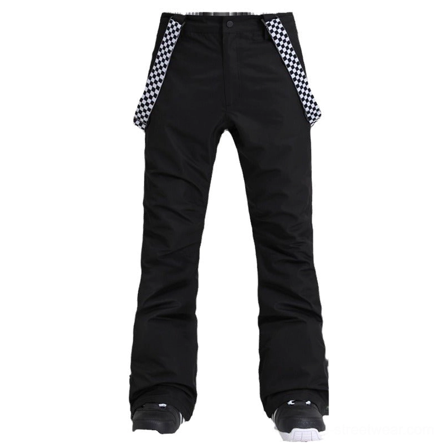 Matte black detachable strap snow pants with checkerboard suspenders and straight flared ski-ready legs