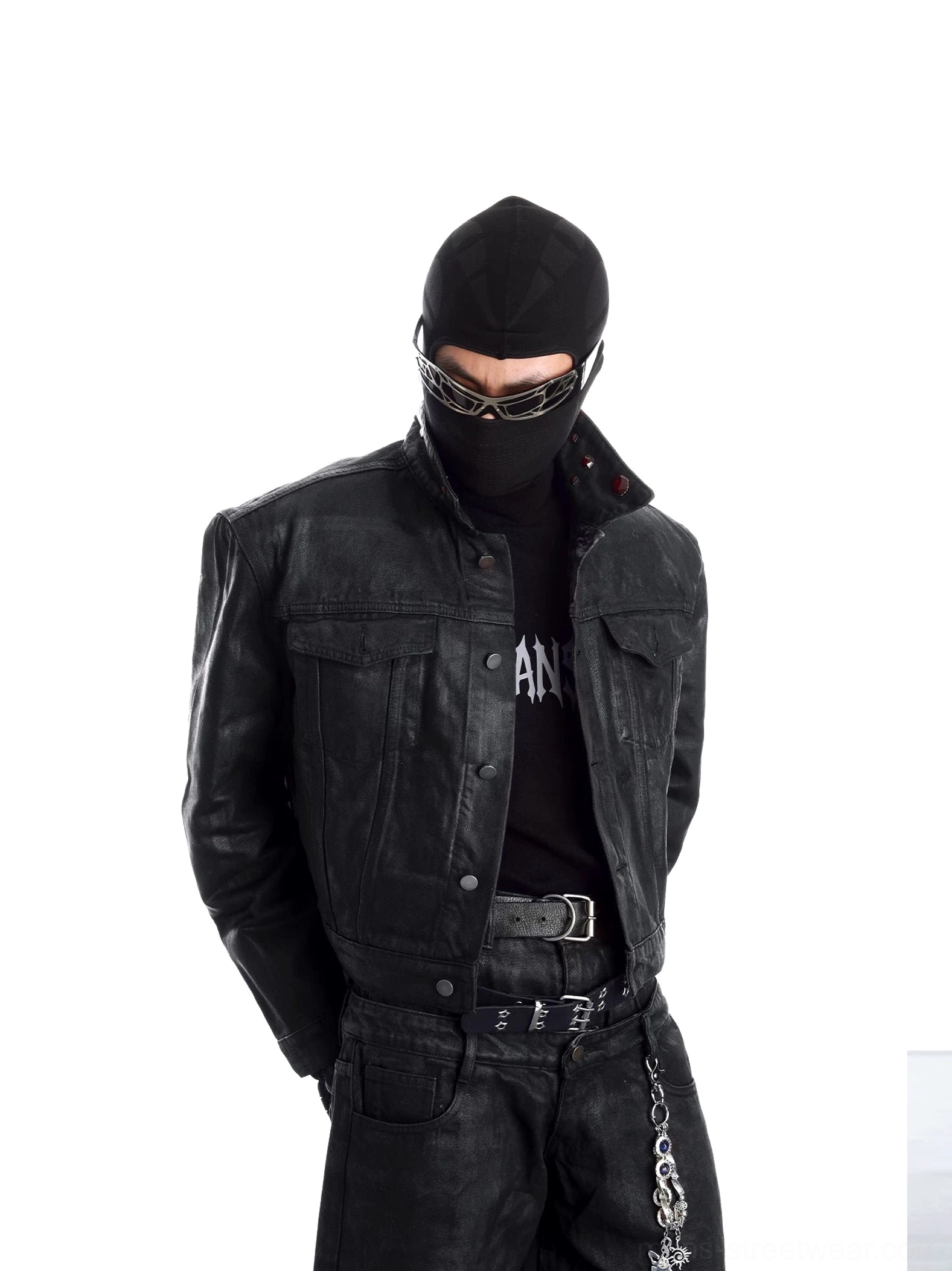 Matte black distressed faux leather cropped trucker jacket showing front and back views with silver snap hardware