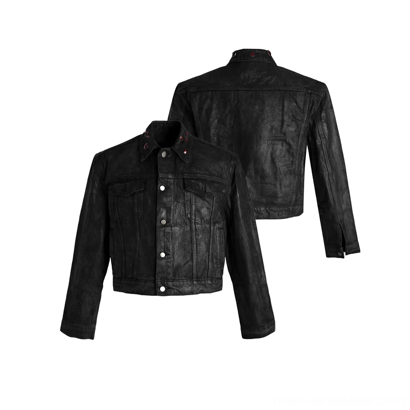 Matte black distressed faux leather cropped trucker jacket product view highlighting the boxy fit and trucker details