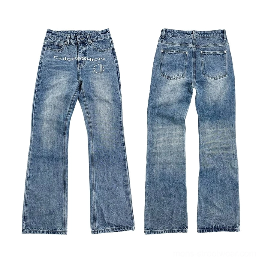 Flat lay front and back view of medium blue washed flare jeans with front graphic classic pockets and raw hem
