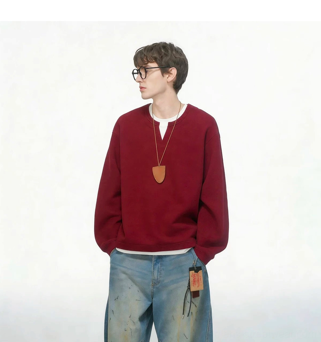 Men's Acubi inspired layered crew sweatshirt with relaxed shoulders, wide sleeves, and faux double-layer styling