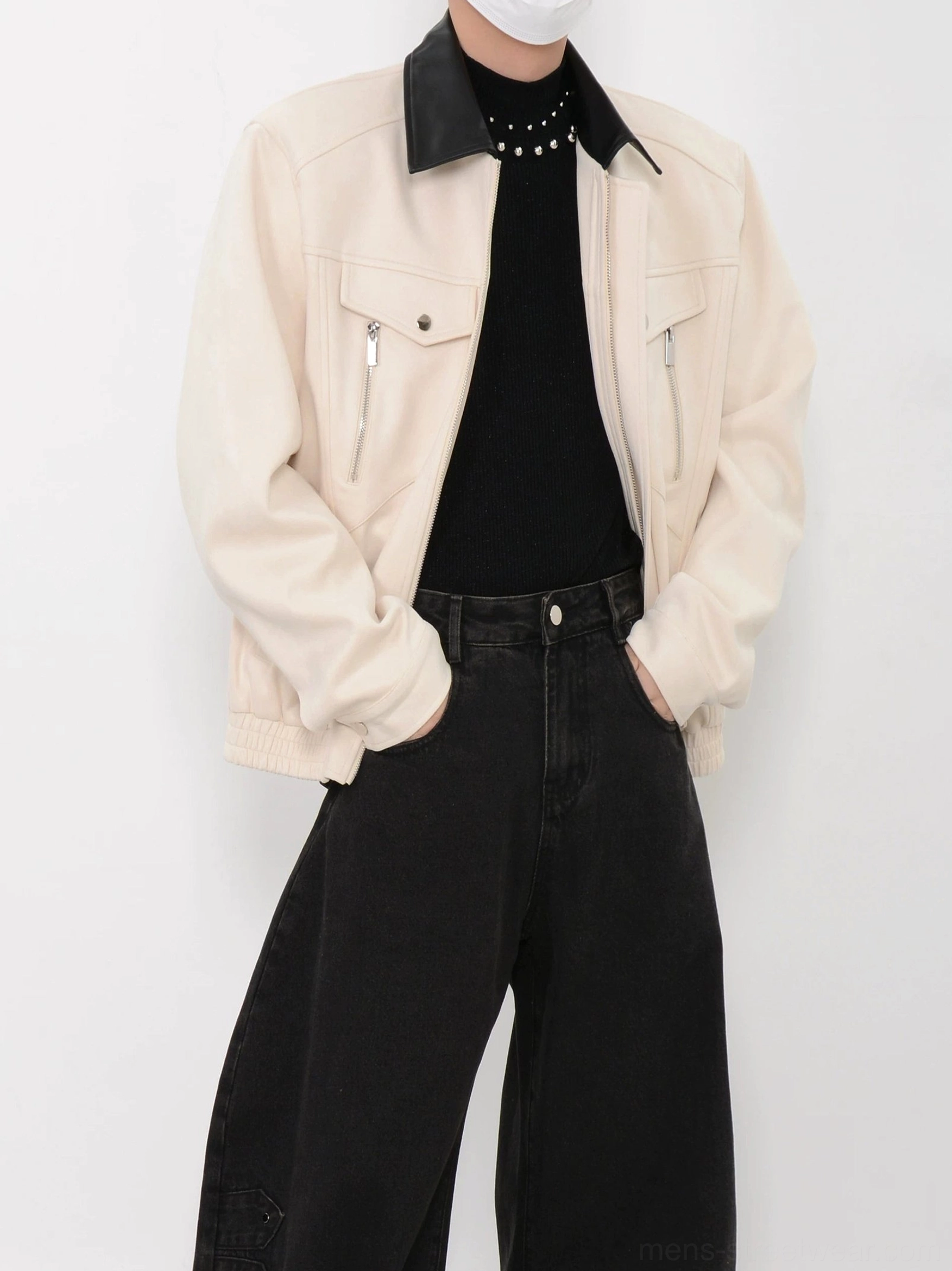 Apricot men's faux suede bomber jacket with black collar and silver zipper details side front view
