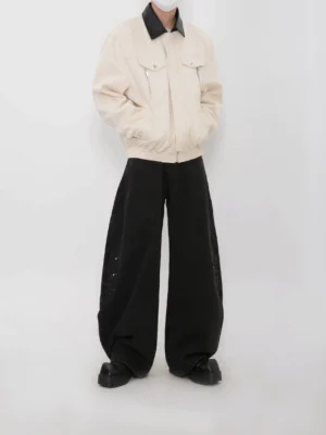 Men's apricot faux suede bomber jacket with black contrast collar and utility chest pockets front view