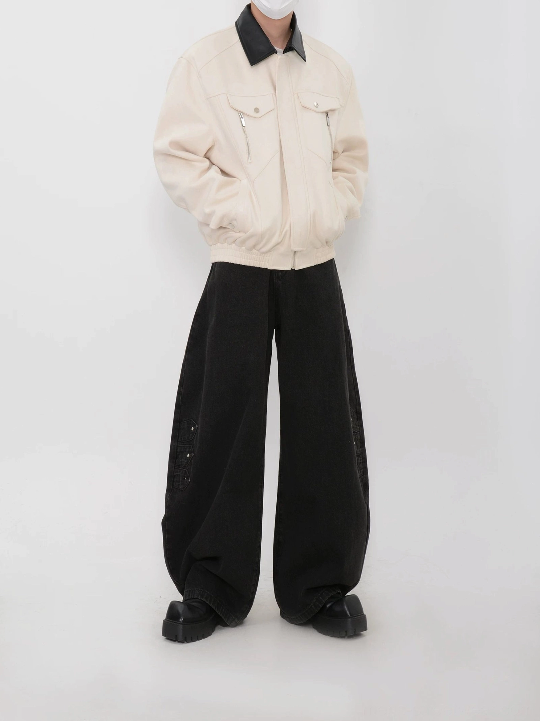 Men's apricot faux suede bomber jacket with black contrast collar and utility chest pockets front view