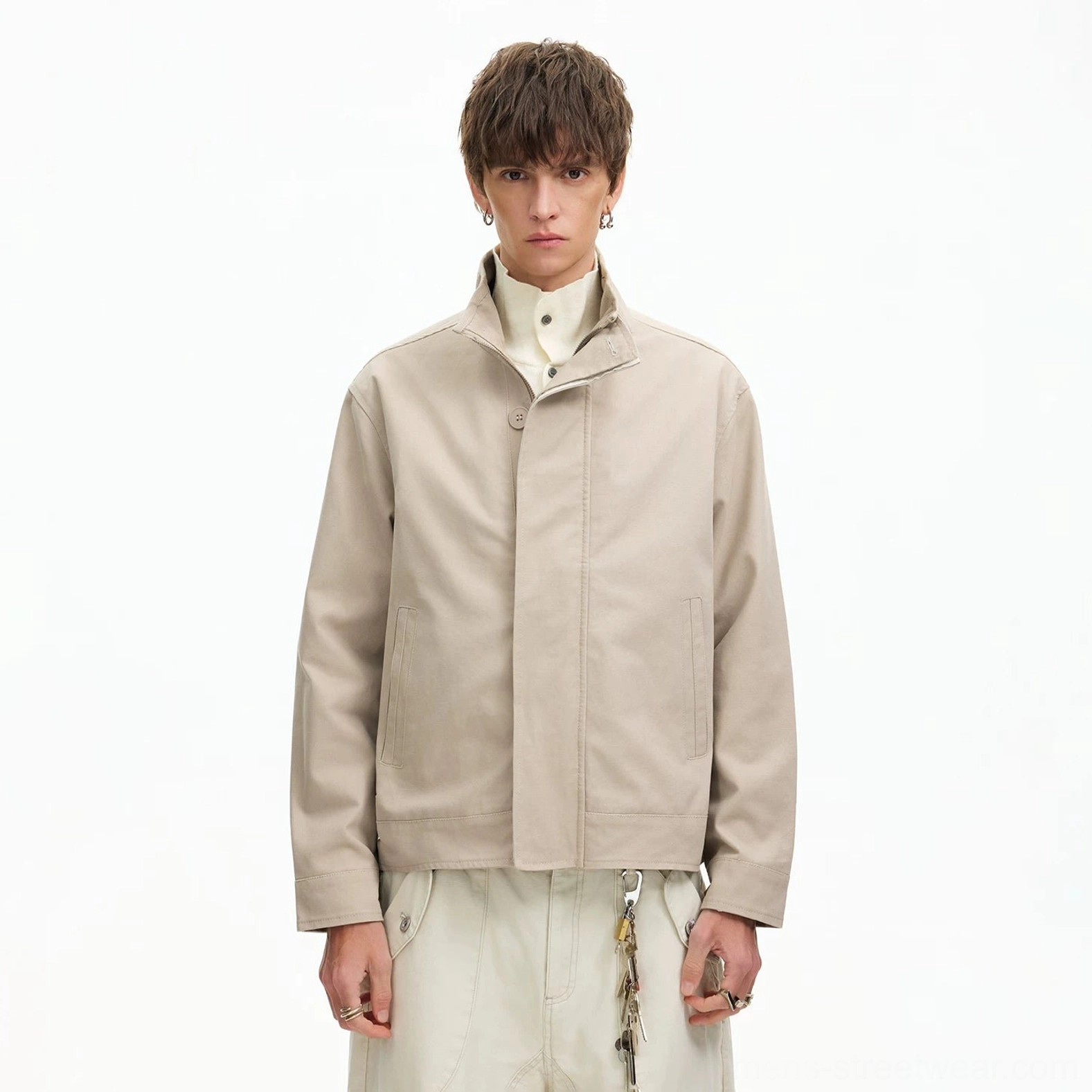 Men's apricot minimal stand collar Harrington jacket color option with clean relaxed streetwear silhouette