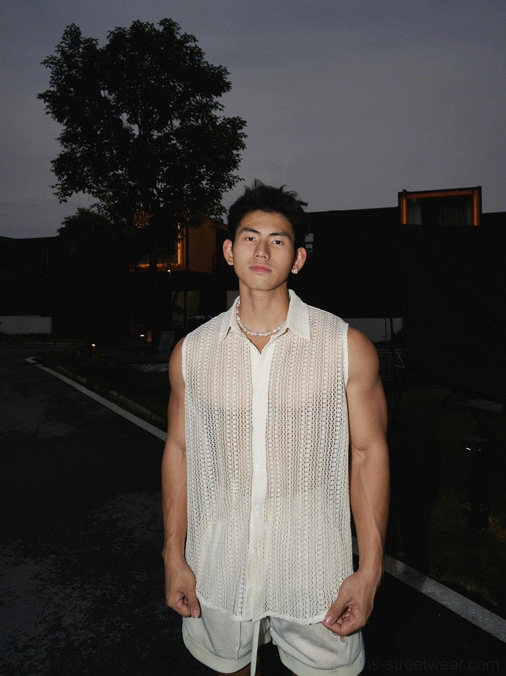 Men's apricot sleeveless open-knit crochet shirt detail with point collar button front and beige drawstring shorts