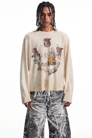 Front view of men's apricot vintage long sleeve graphic t-shirt with faded retro print and relaxed Korean streetwear fit