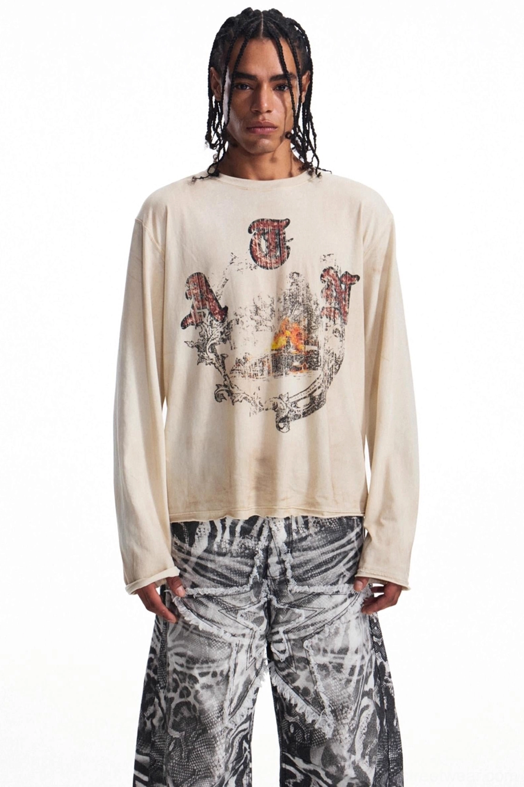 Front view of men's apricot vintage long sleeve graphic t-shirt with faded retro print and relaxed Korean streetwear fit