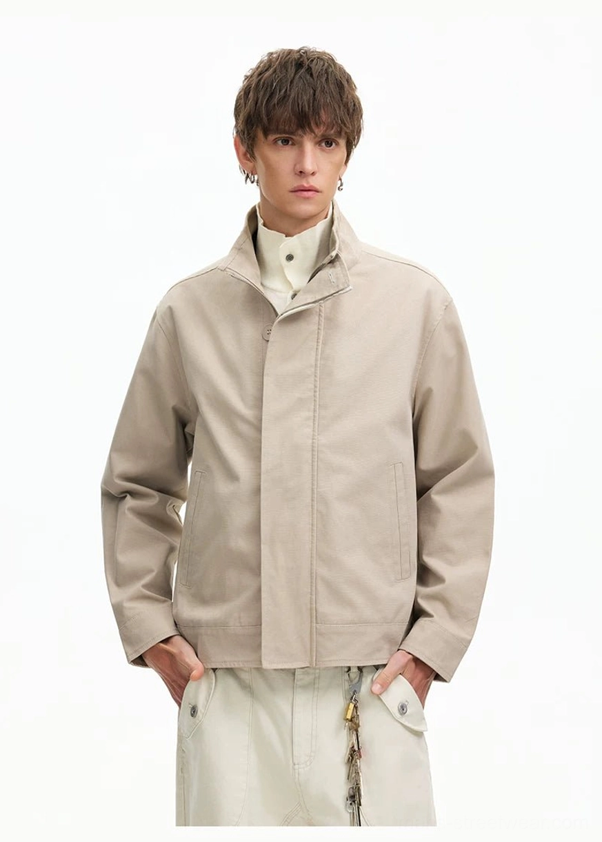 Men's apricot woven stand collar Harrington jacket front view with clean concealed zipper design