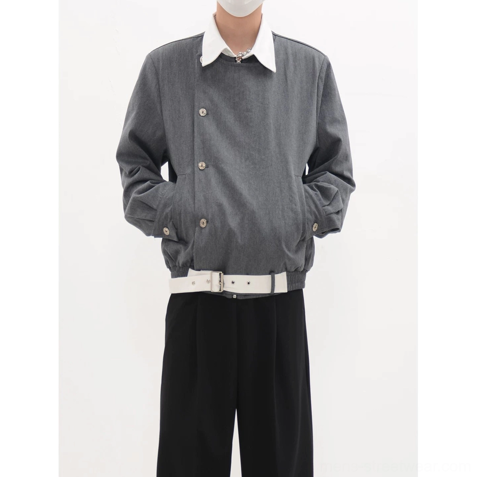 Gray cropped asymmetric button blouson jacket with relaxed drop shoulders ribbed cuffs and gathered hem streetwear styling