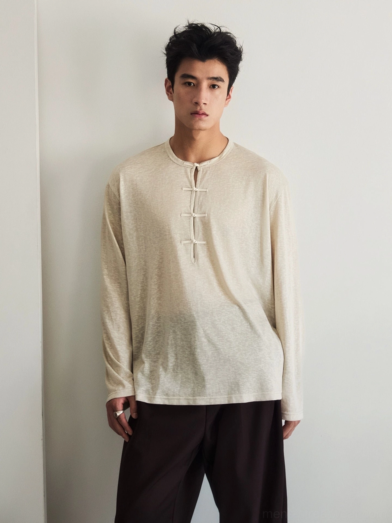 Oatmeal beige lightweight silk blend Henley tee for men with relaxed drape and traditional inspired toggle neckline