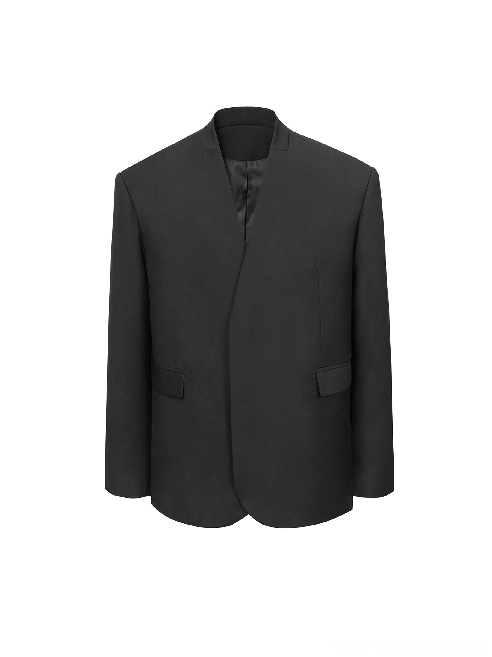 Front flat lay of men’s black collarless minimalist blazer with hidden closure and two flap pockets