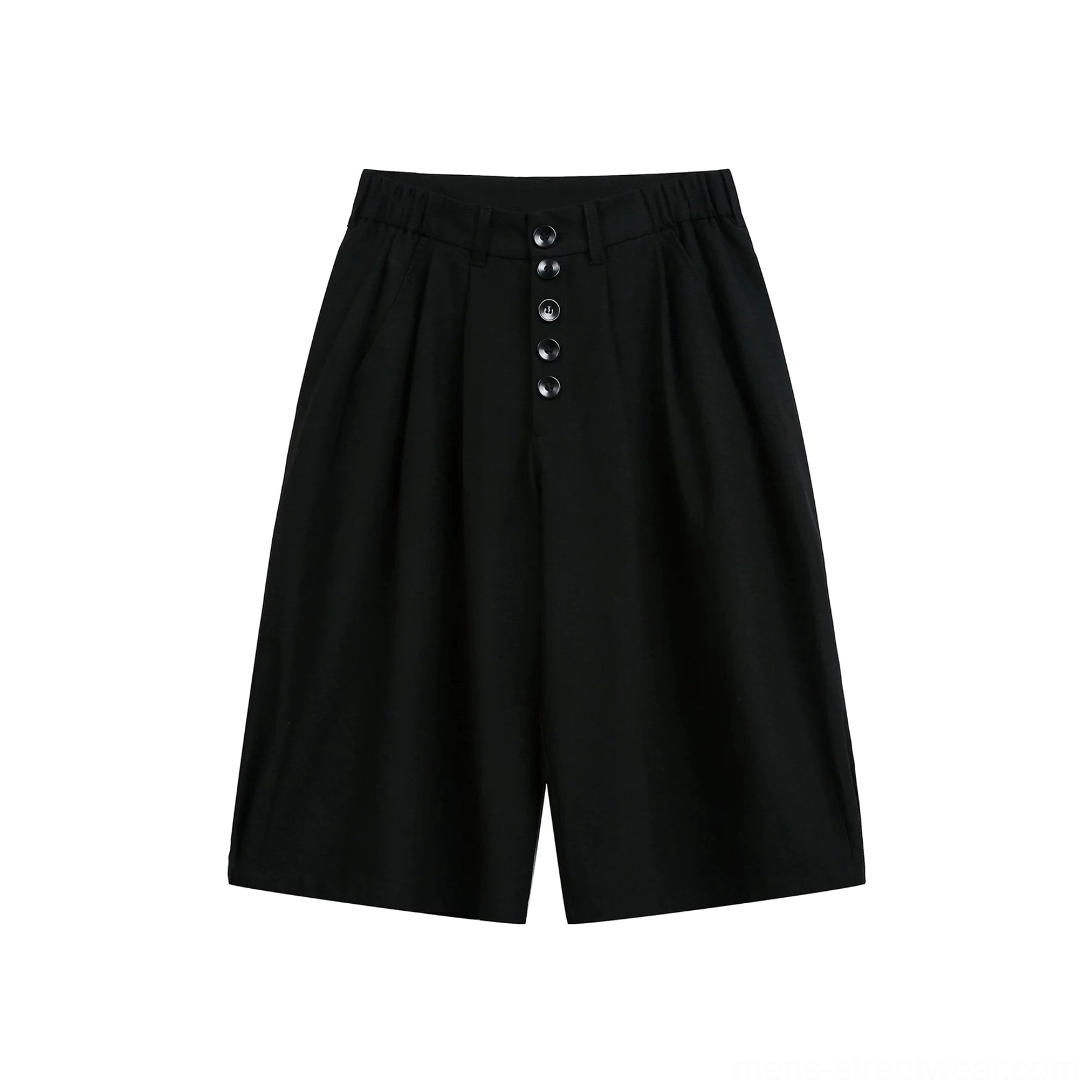 Flat lay of men's black drop-crotch culottes displaying the button placket, front pleats, wide cropped legs, and elasticated back waistband