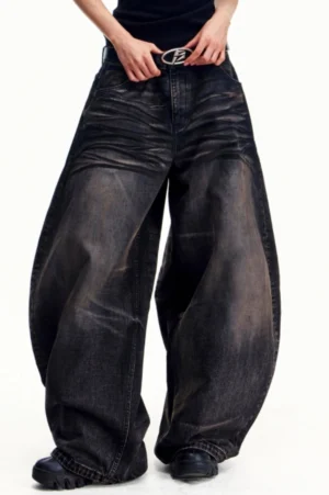 Men's black gray vintage washed distressed ultra wide leg streetwear jeans front view with belt