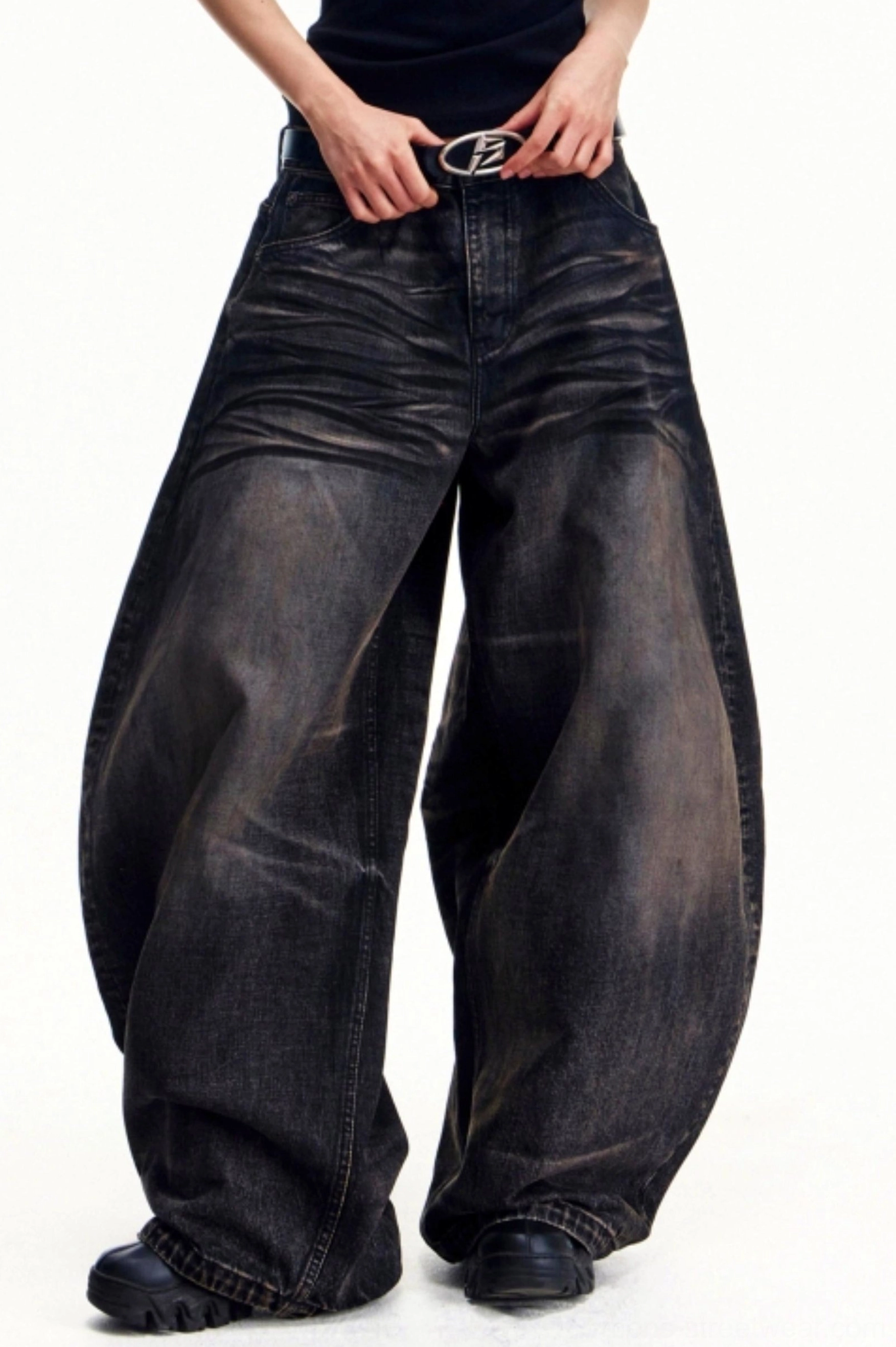 Men's black gray vintage washed distressed ultra wide leg streetwear jeans front view with belt