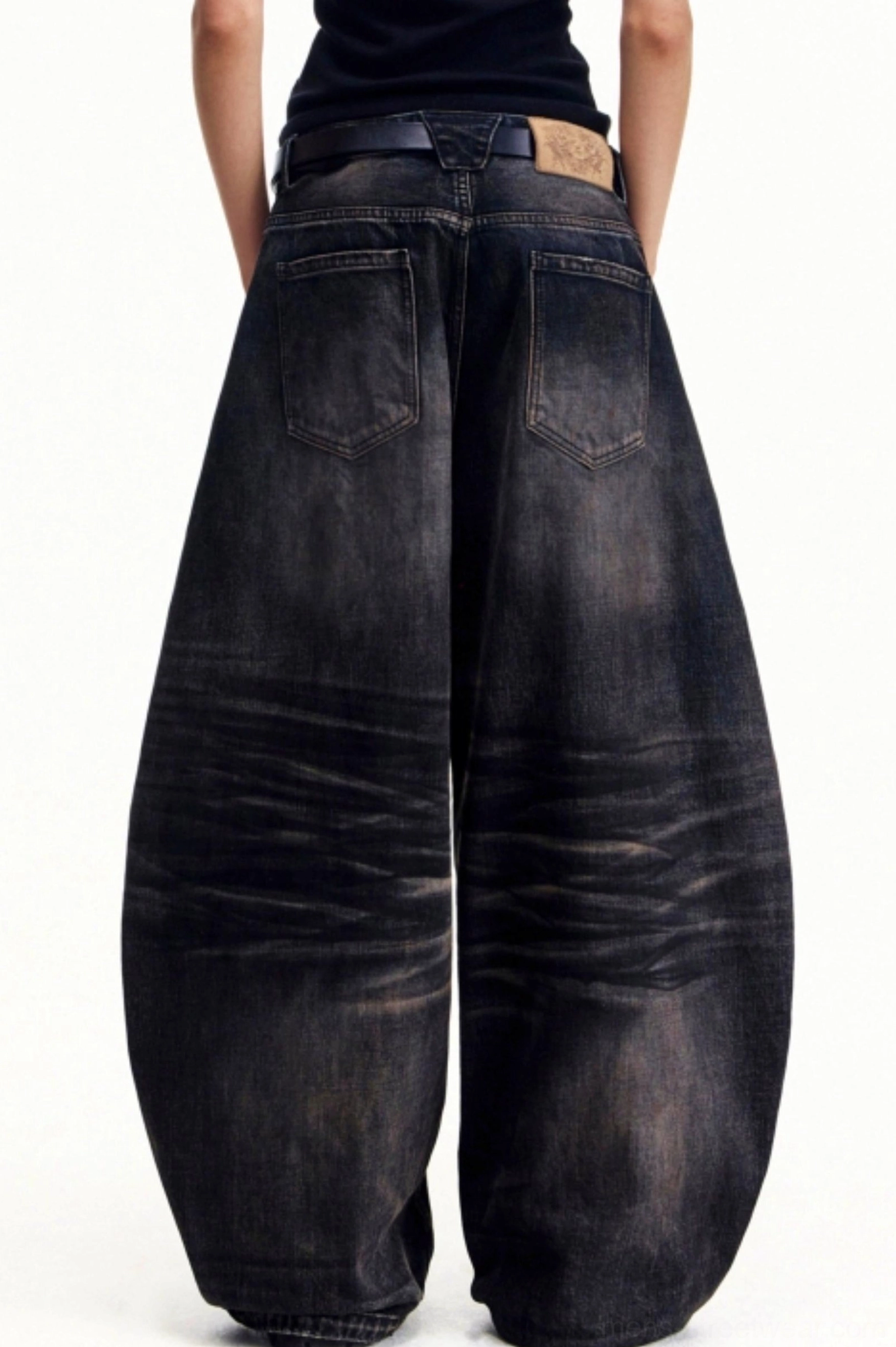 Men's black gray washed distressed ultra wide leg denim jeans back view with rear pockets
