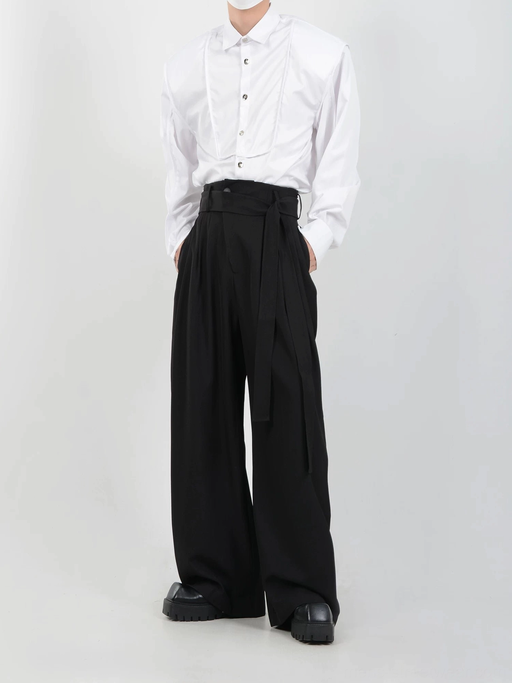 Mens black Korean style sash belt trousers front three-quarter view with deep pleats and ultra-wide legs