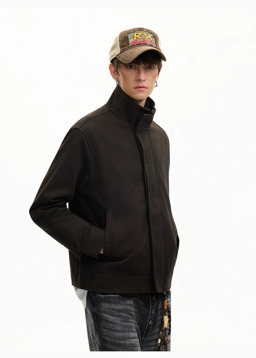 Men's black matte stand collar Harrington streetwear jacket side profile with concealed zipper placket