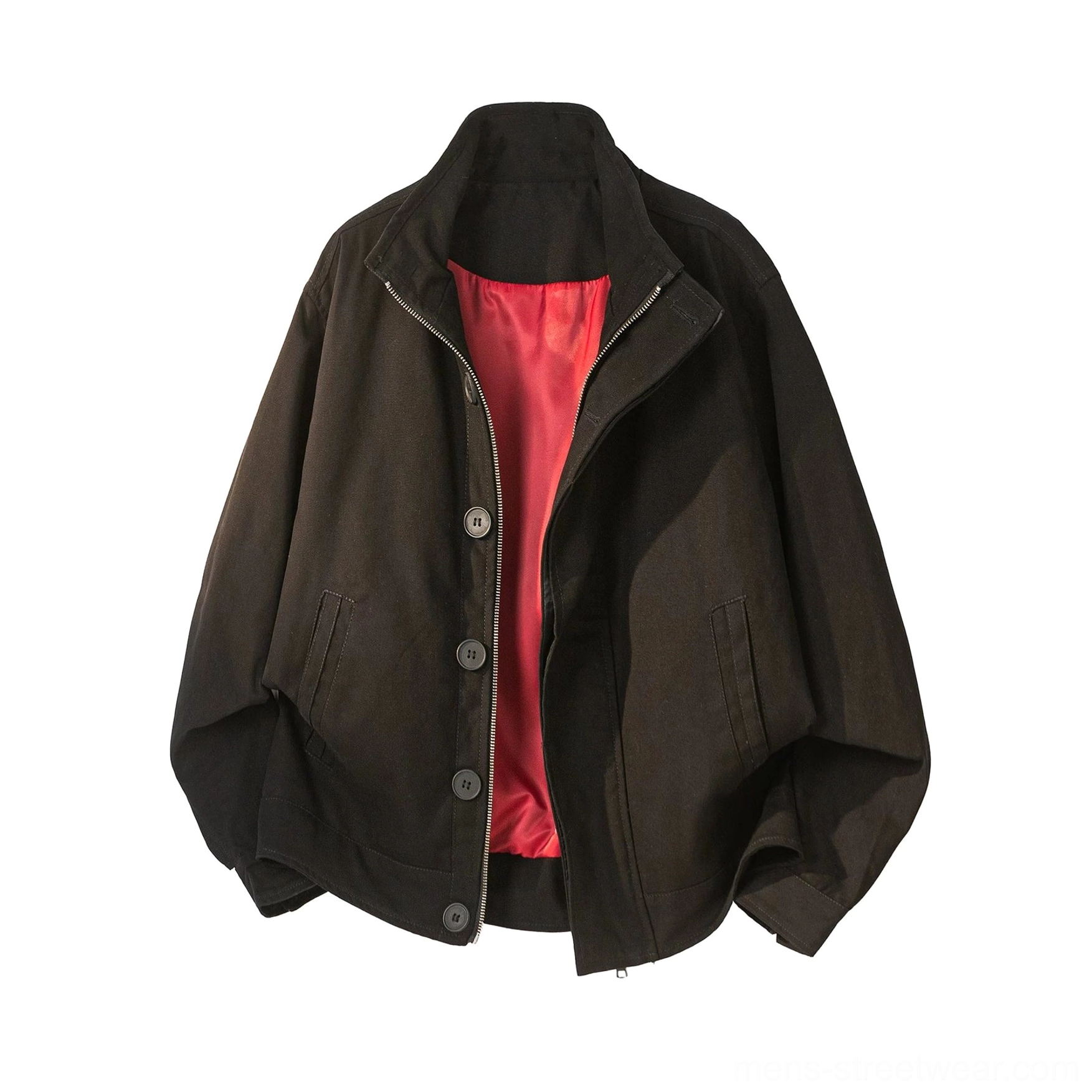 Men's black minimal stand collar Harrington jacket color option with matte contemporary streetwear finish