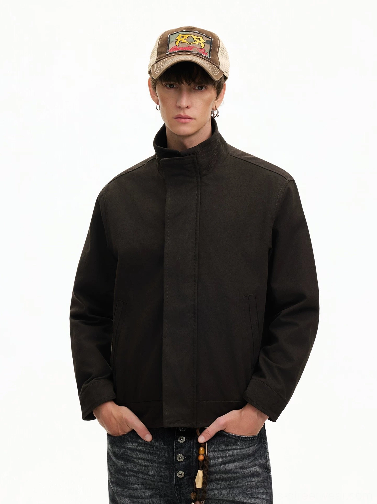 Men's black stand collar Harrington streetwear jacket with concealed front closure right three-quarter view
