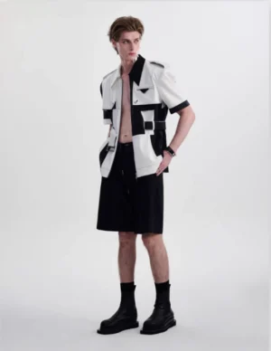 Men's black and white color-block belted shirt with tailored shorts, open shirt styling, and contemporary Seoul streetwear silhouette