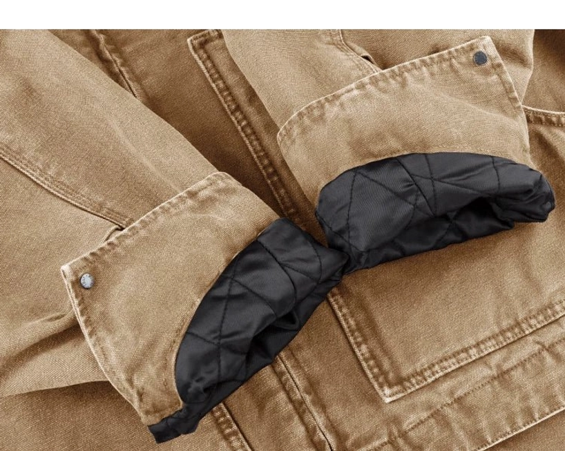 Boxy cropped workwear jacket for men featuring a contrast collar and versatile layered streetwear silhouette