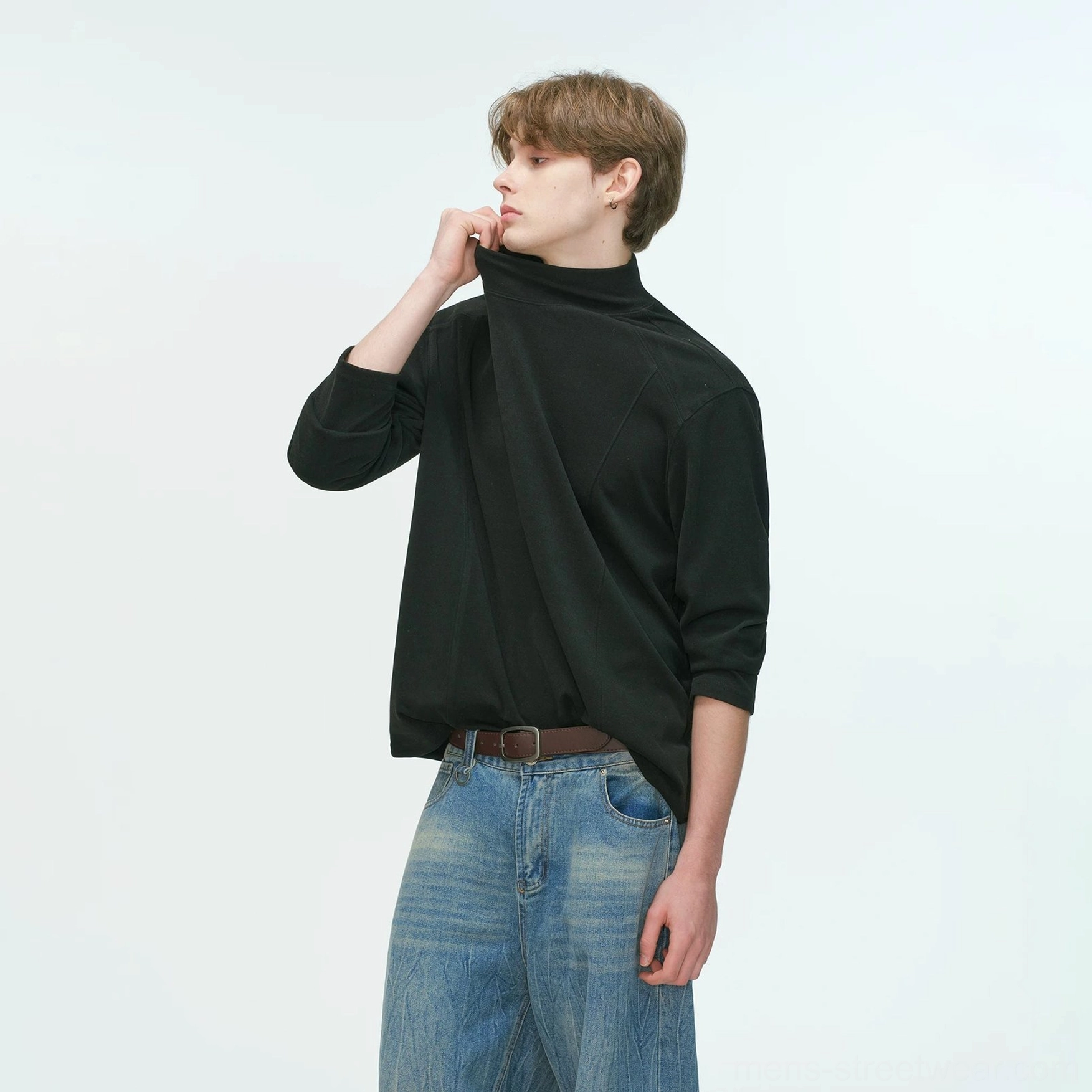 Men's boxy mock neck long sleeve top suitable for black monochrome outfits, urban layering, and avant-garde streetwear