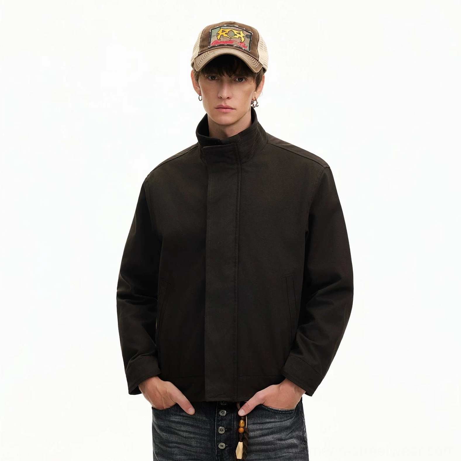 Men's brown minimal stand collar Harrington jacket color option with refined relaxed urban fit
