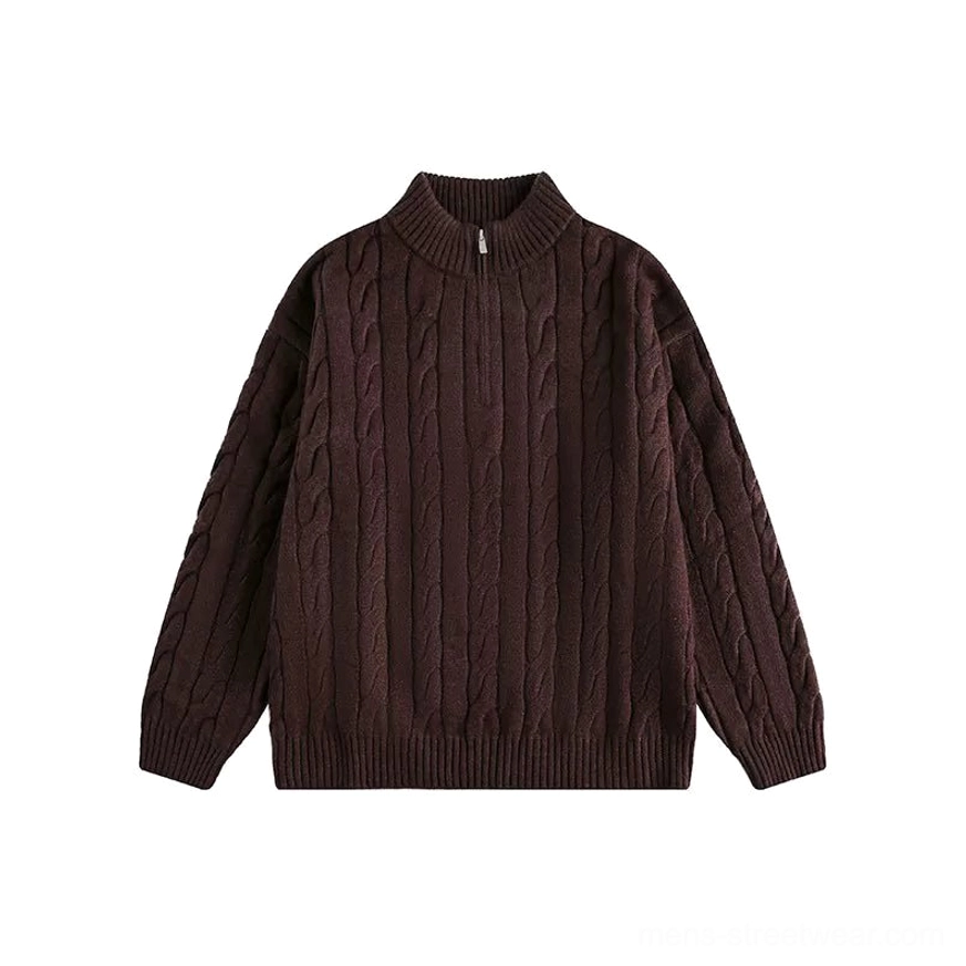 Brown regular style men’s cable knit half-zip sweater shown as a product variation