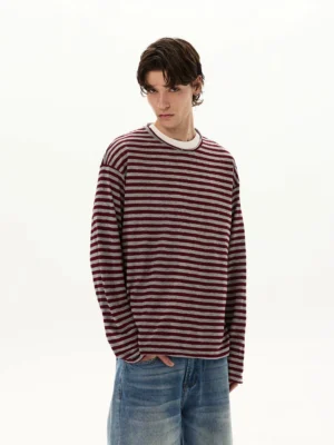 Men's burgundy red and white vintage striped long sleeve tee with relaxed Seoul streetwear fit front view
