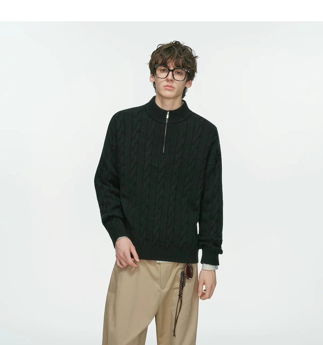Men’s cable knit half-zip pullover styled for a relaxed Seoul-inspired streetwear outfit