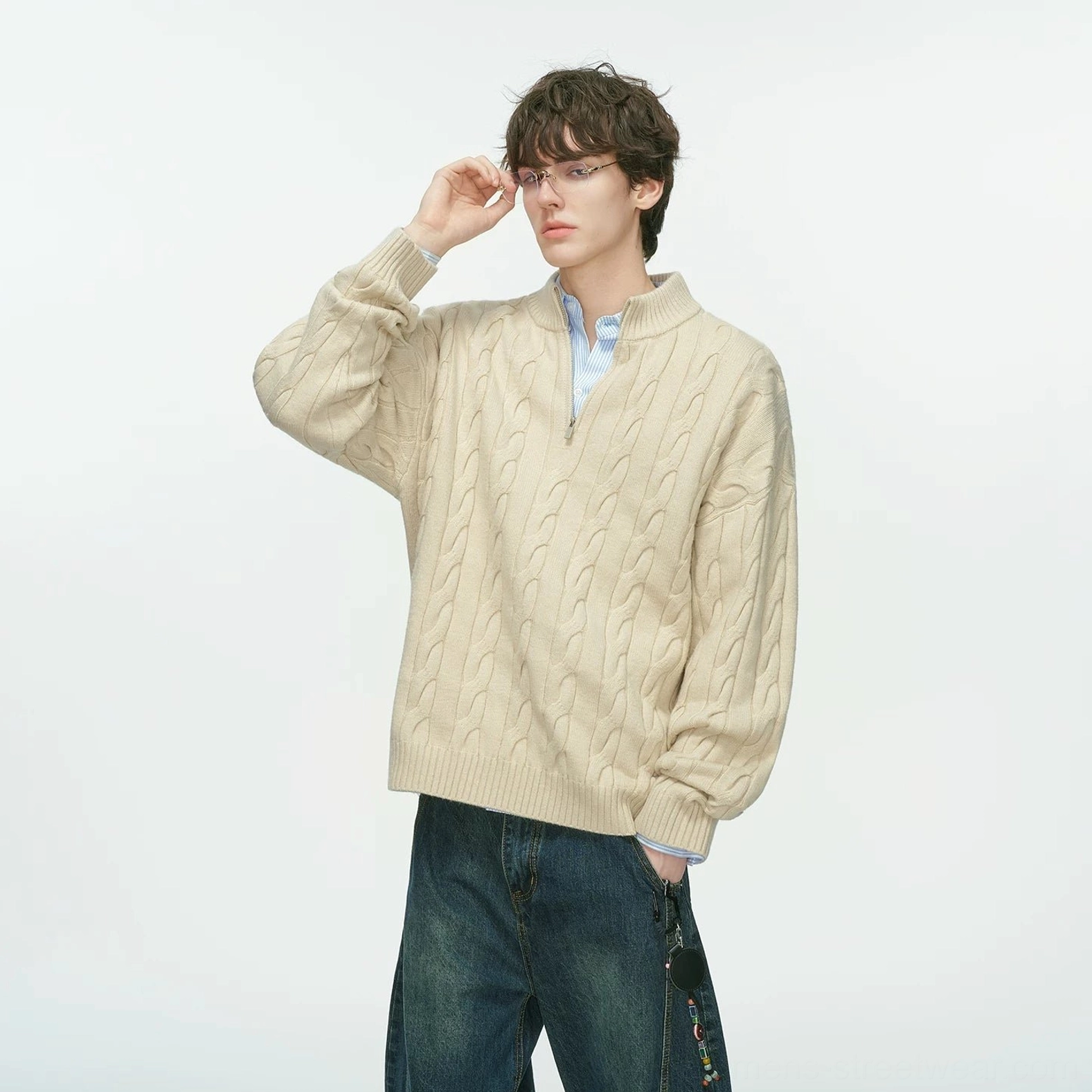 Additional image of the men’s cable knit half-zip sweater in a clean casual outfit
