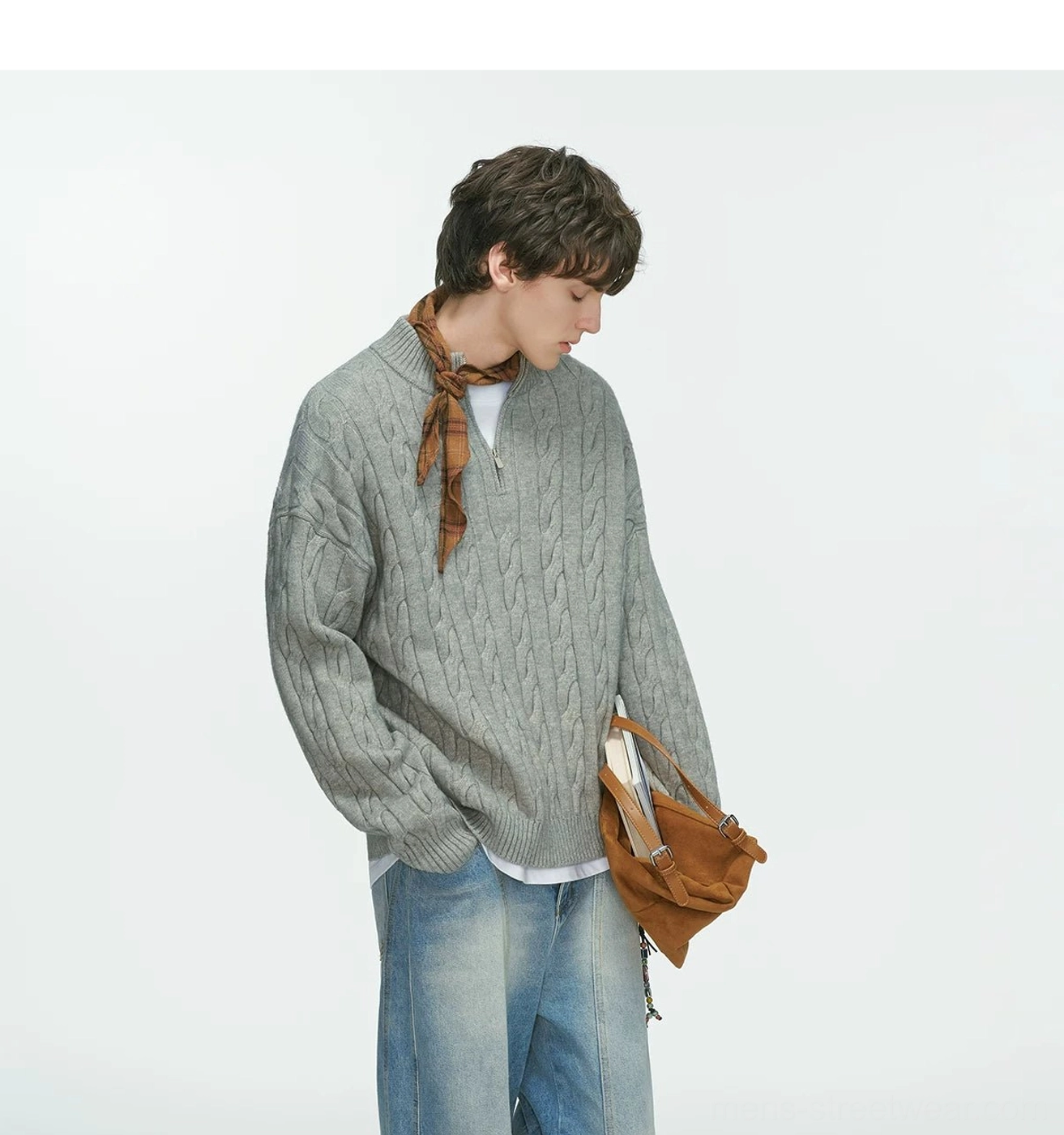 Men’s cable knit half-zip sweater featured in a contemporary East Asian streetwear look