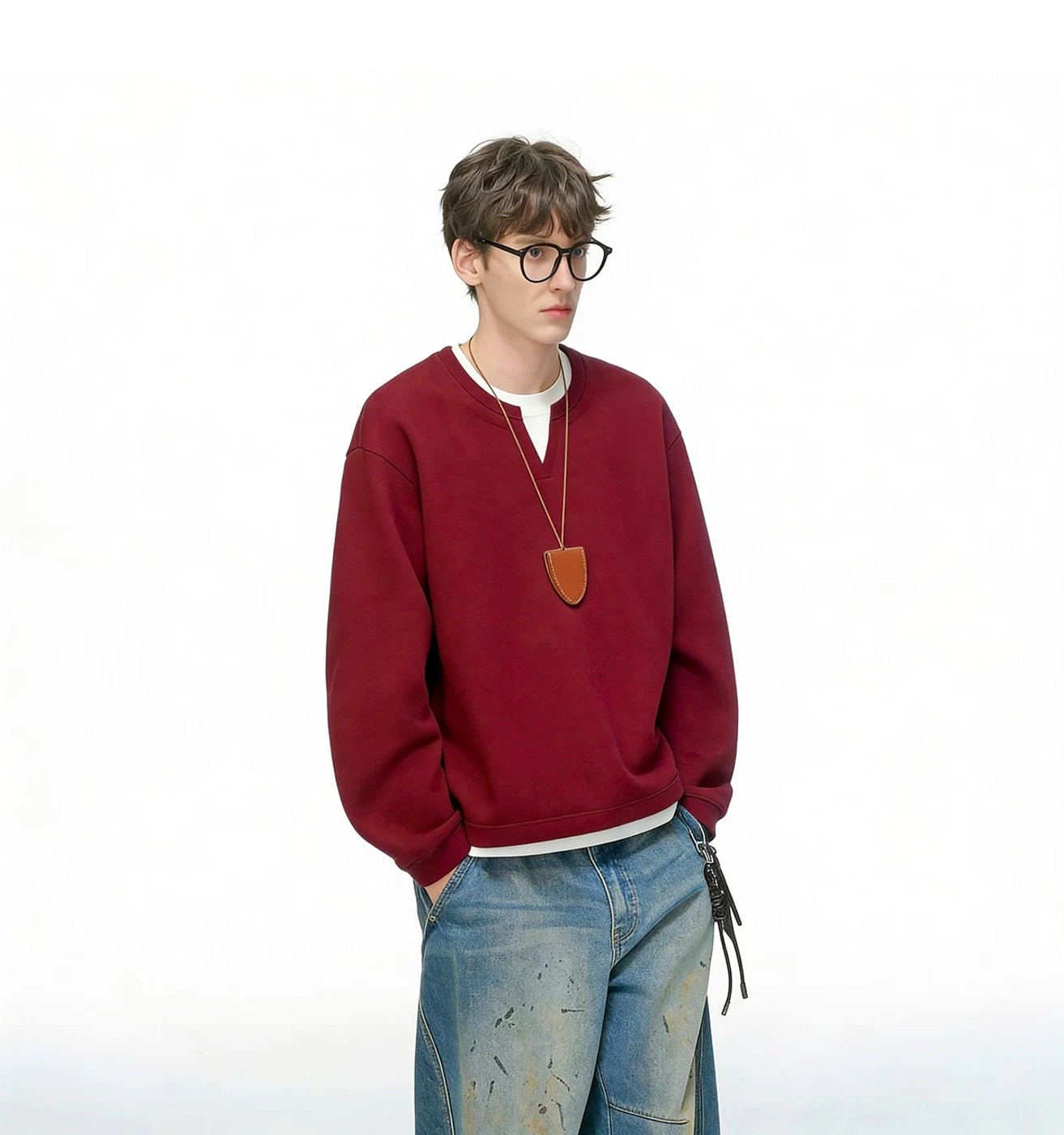 Men's casual oversized crew neck sweatshirt with soft fleece-lined construction, layered trim, and everyday urban styling
