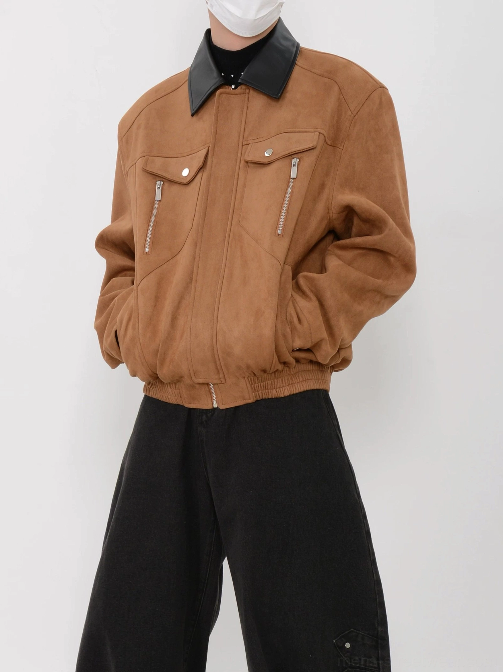 Coffee brown faux suede bomber jacket for men with black contrast collar ribbed hem and relaxed fit