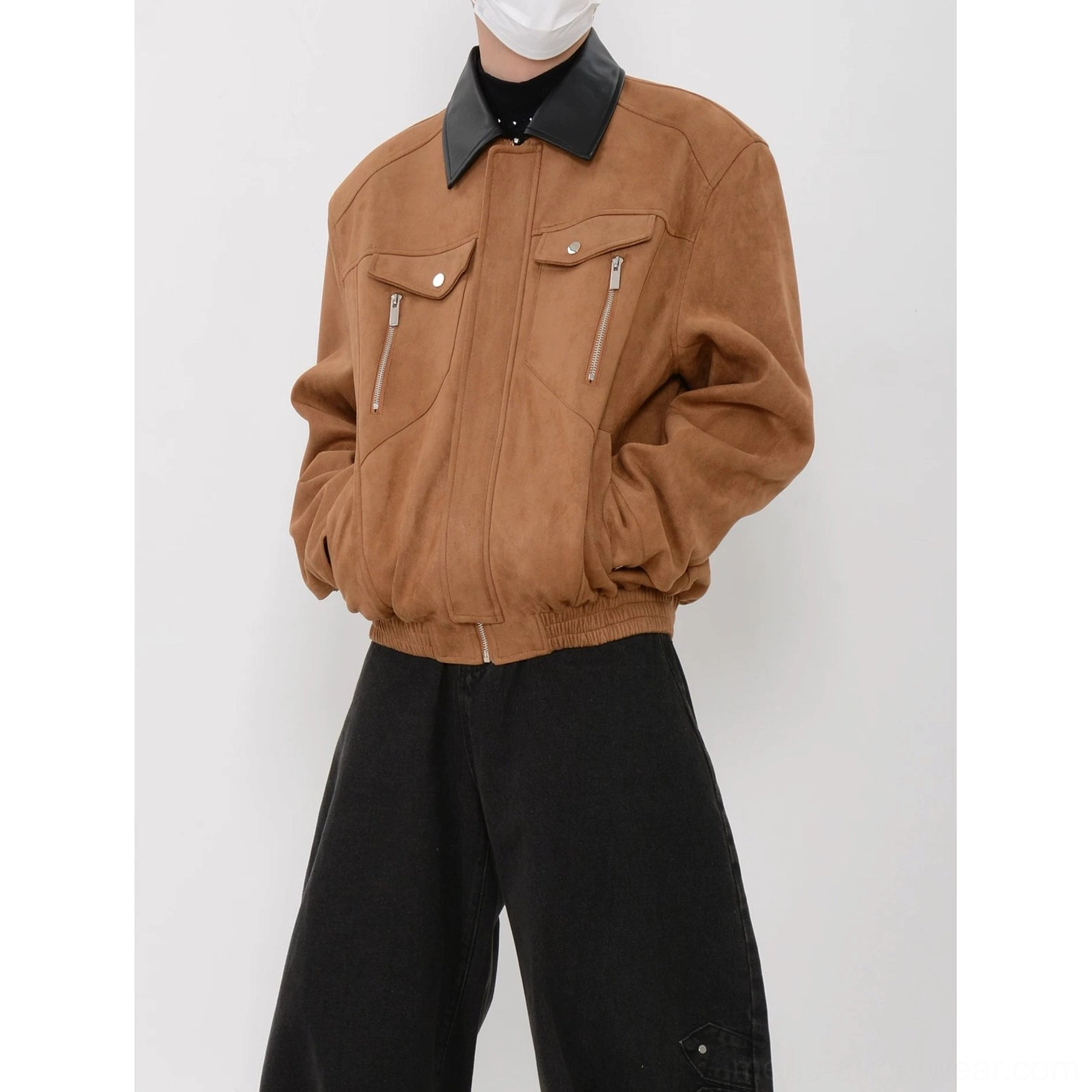 Coffee brown men's contrast collar faux suede bomber jacket with chest pockets and elasticated hem