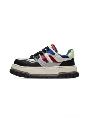 Men's color-block platform skate sneakers in black off-white red blue and green with a thick black rubber outsole shown from the front left side