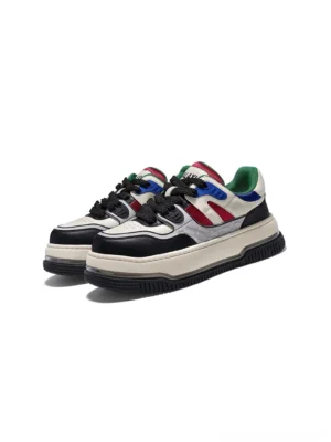 Pair of men's color-block platform skate sneakers arranged on a white studio background showing the layered streetwear design
