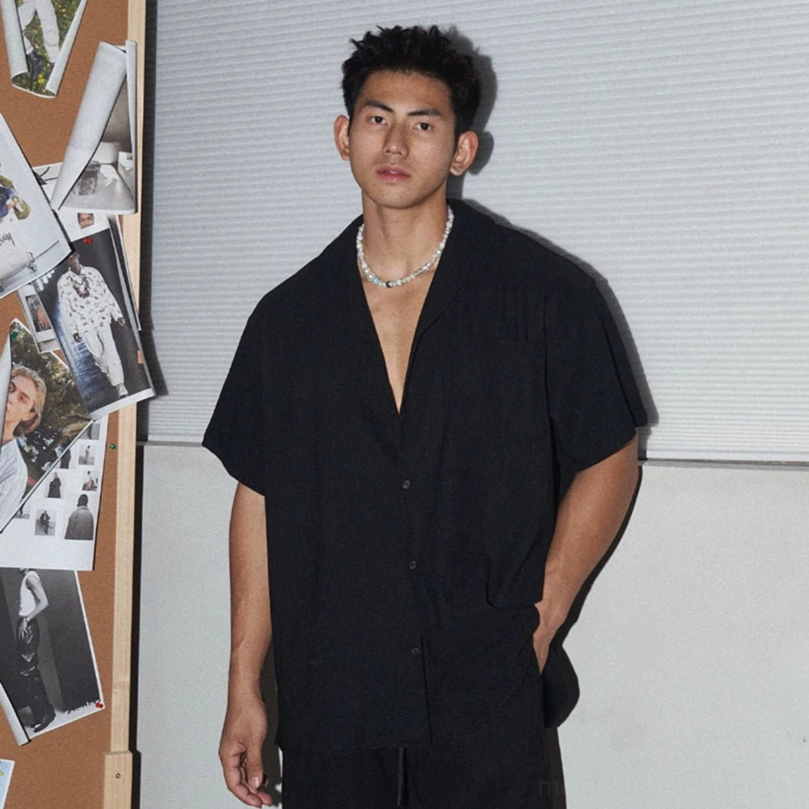 Men's contemporary camp collar shirt and shorts co-ord set in relaxed East Asian streetwear style