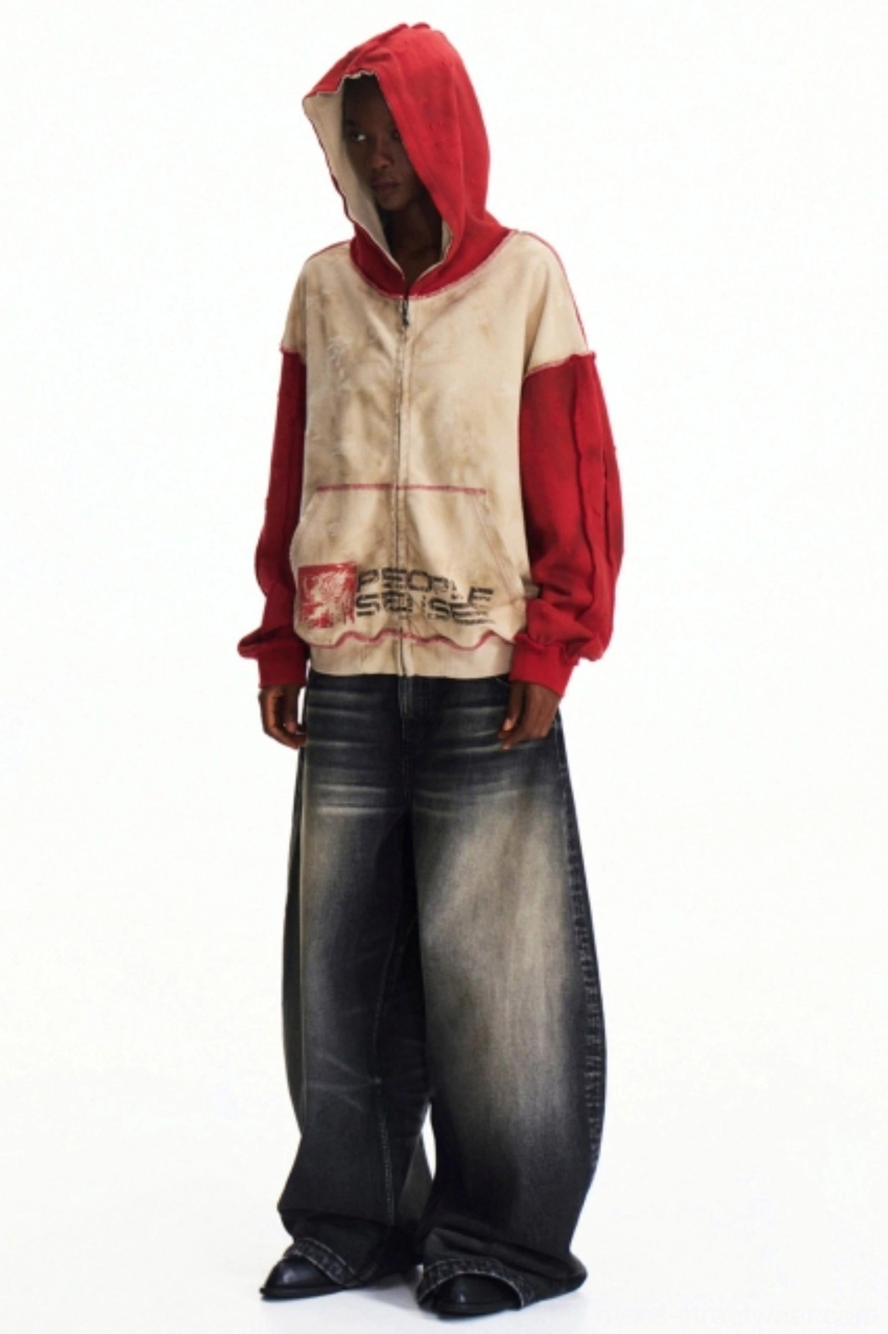 Side rear view of men’s contrast red hood and sleeve washed graphic zip hoodie streetwear jacket