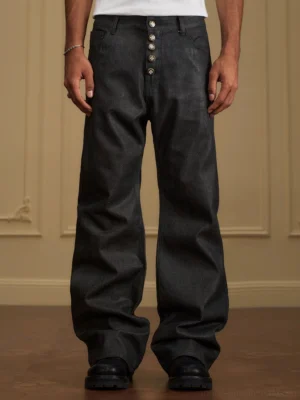 Men's dark brown waxed button-fly wide-leg stacked denim jeans front full-body streetwear outfit