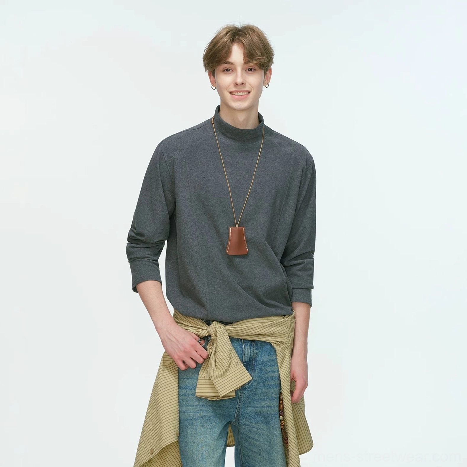 Men's dark gray mock neck long sleeve top with a structured drape for understated urban and Korean streetwear styling