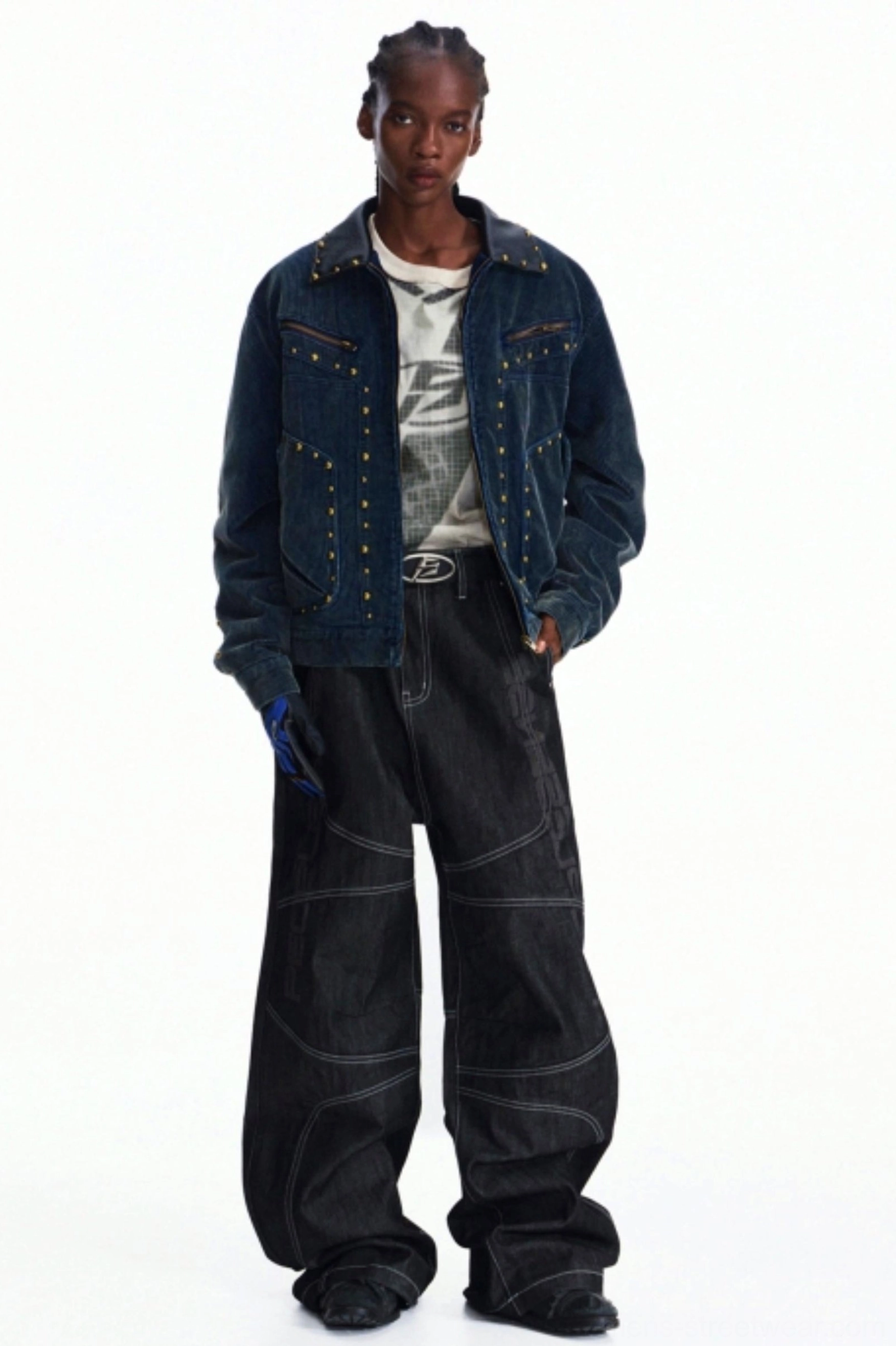 Men's dark wash wide-leg jeans styled with a denim jacket and casual layered accessories for a Seoul-inspired streetwear outfit
