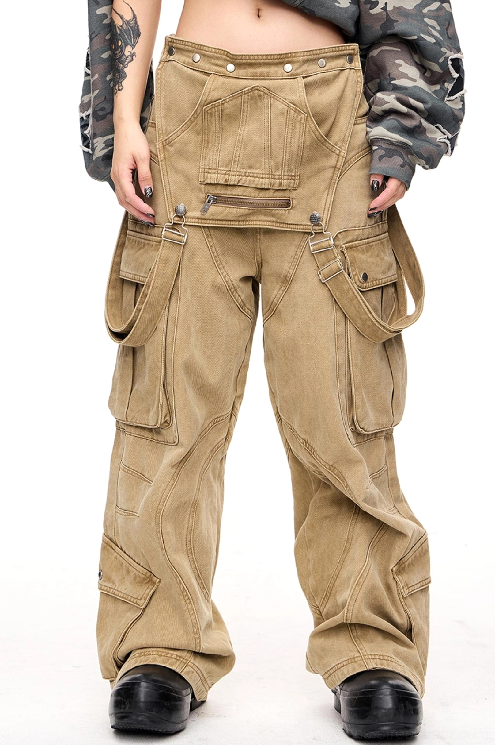 Front view of men's detachable multi-pocket cargo pants with adjustable shoulder straps, oversized side pockets, and relaxed Korean streetwear styling