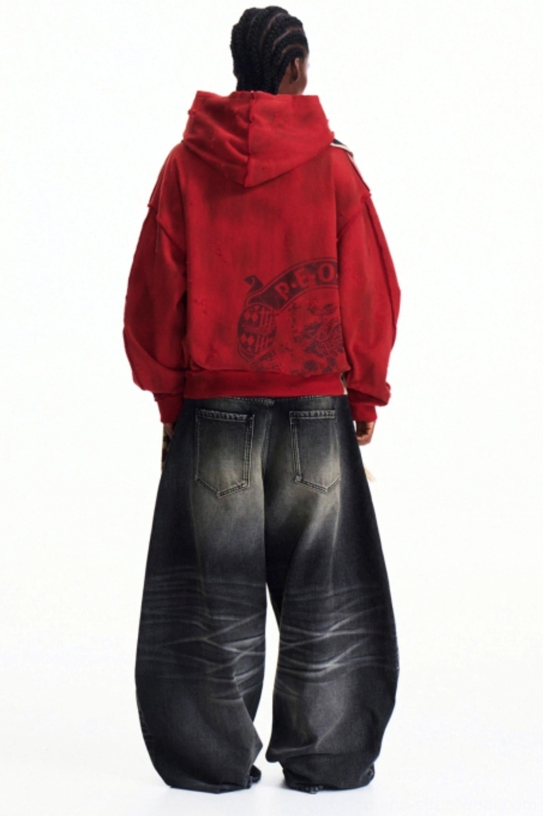 Back view of men’s distressed faded red oversized hooded zip jacket with large vintage graphic print