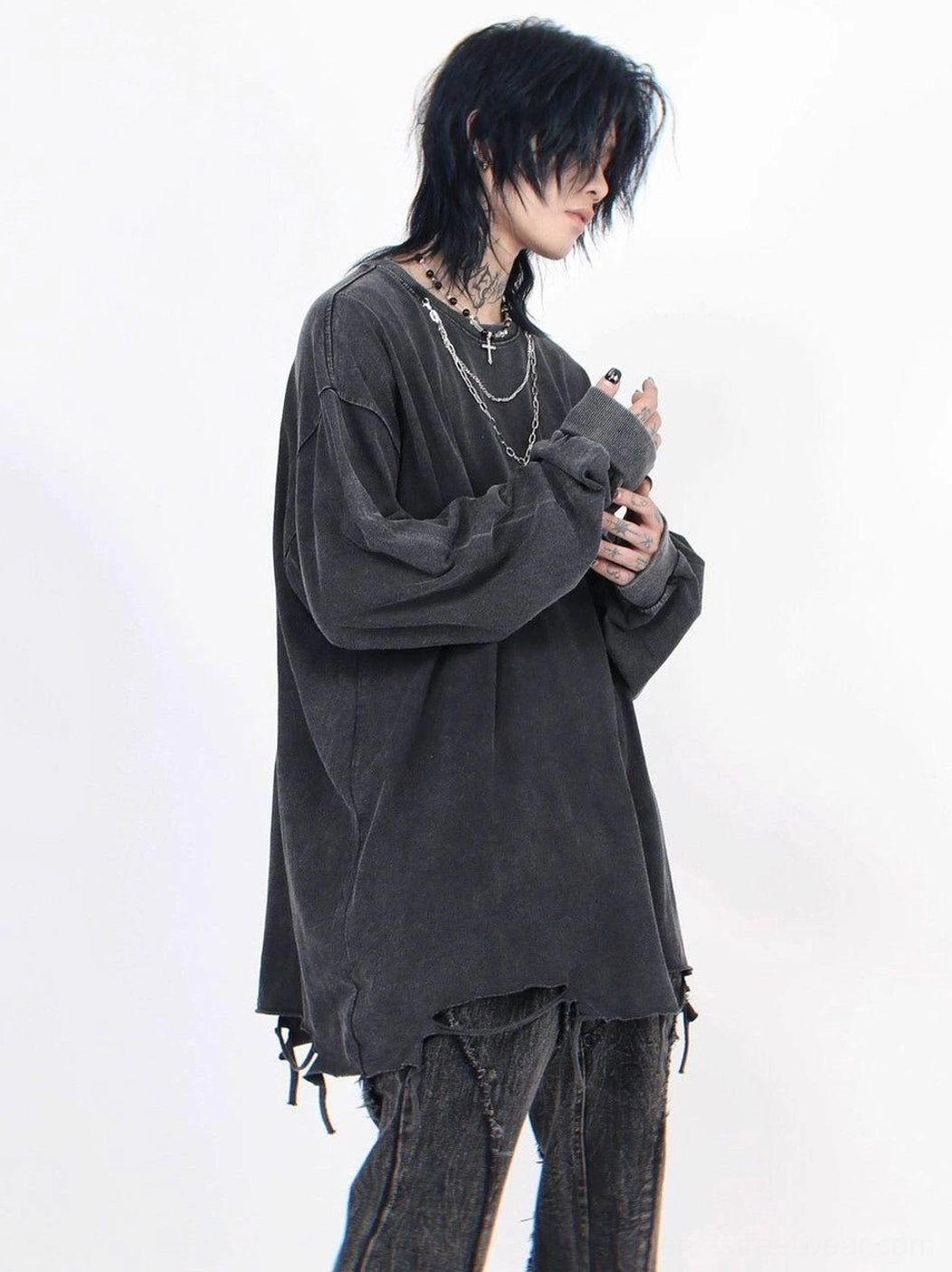 Men's black distressed oversized long-sleeve streetwear tee with frayed hem and included cross necklace